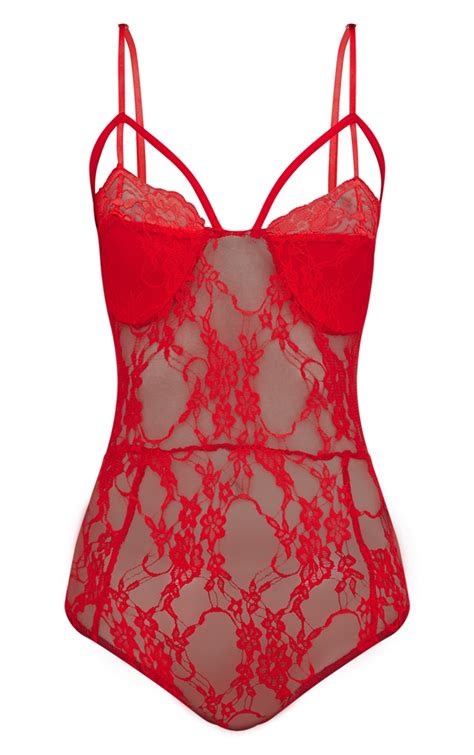 red strappy cupped lace bodysuit lingerie prettylittlething