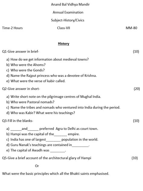 Class 7 History Civics Question Paper Pdf