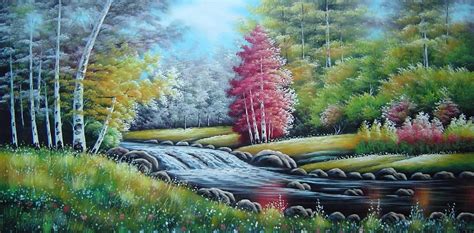 Beautiful Riverside Autumn Forest Scenery Oil Painting Landscape