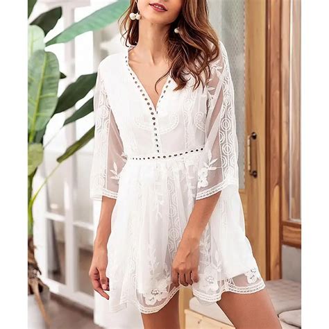2018 Autumn Sexy V Neck Mesh Lace Embroidery Dresses Women Elegant Casual See Through Party Mini