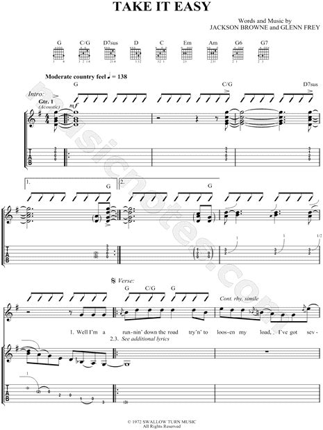 The Eagles Take It Easy Guitar Tab In G Major Download And Print