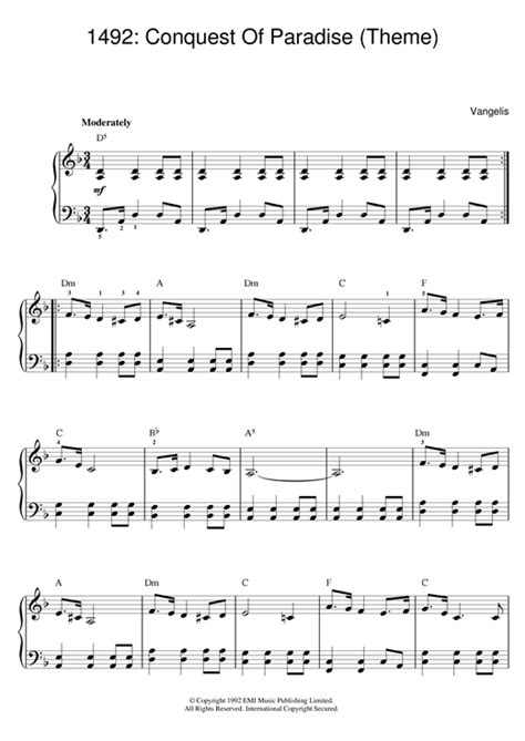 Theme From 1492 Conquest Of Paradise Sheet Music By Vangelis Piano