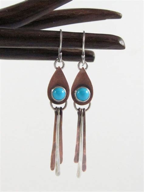 Mixed Metal Turquoise Teardrop Dangle Earrings Copper Etsy