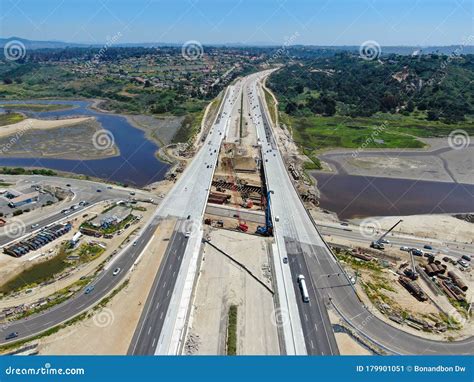 Aerial View Of Highway Bridge Construction Over Small River Stock Image