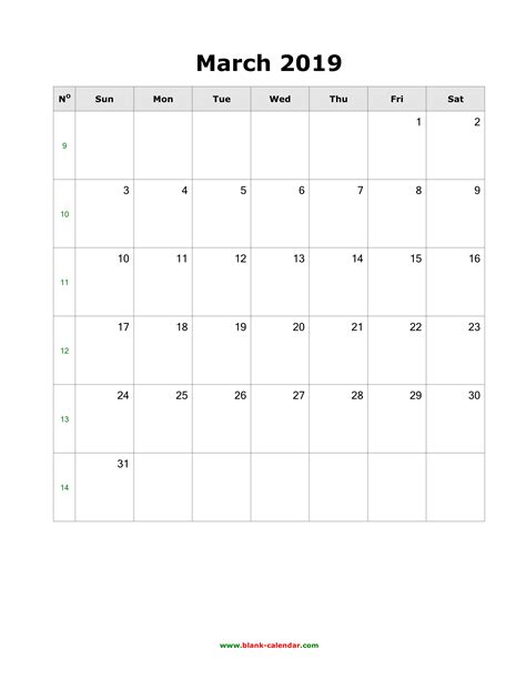 Download March 2019 Blank Calendar Vertical
