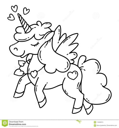 Hearts and unicorn coloring page. Unicorn With Wings And Heart. Stock Vector - Illustration ...