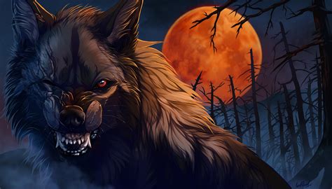 Wolf Werewolf On A Background Of A Big Red Moon Of Fantasy Wallpapers