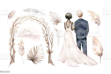 Watercolor Couple Bride And Groom In Boho Ceremony Style Wedding Arch