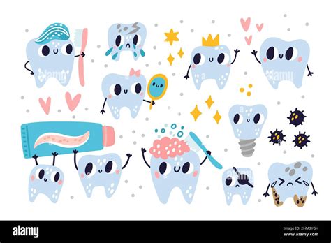 Cute Tooth Characters Cartoon Teeth With Comic Faces Different Emotion Expressions Dental