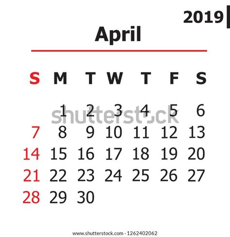 2019 April Month Calendar Stock Vector Royalty Free 1262402062