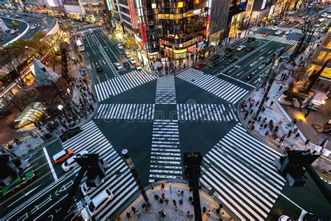 Aerial View Of Intersection In Ginza Tokyo Japan At Night Stock Photo