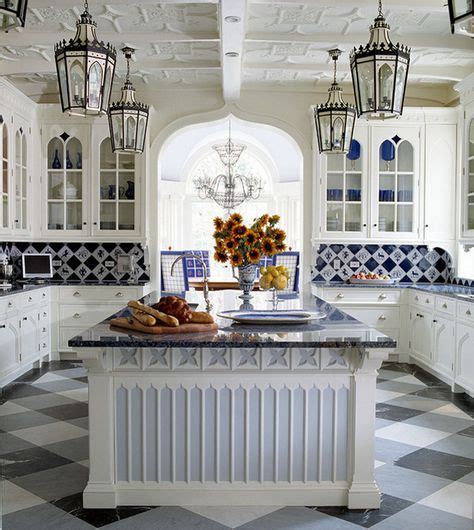 Blue And White Tile Backsplash With Figural And Solid Blue And White