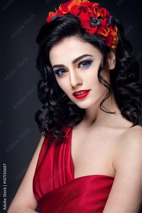 Lady In Red Beautiful Woman Portrait In Red Dress With Red Lips And