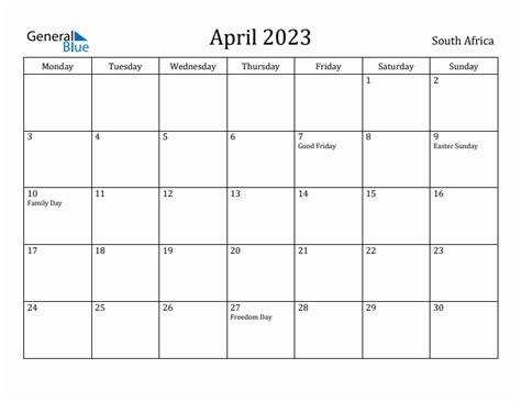 April 2023 South Africa Monthly Calendar With Holidays