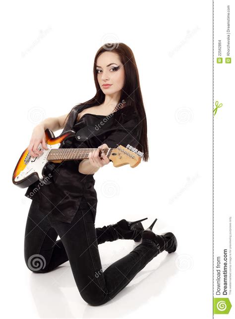 Woman Beautiful Musician Playing Guitar Electric Stock