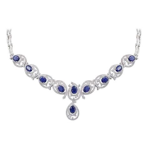 Fine Jewellery Blue Sapphire Diamond White Gold Drop Link Necklace For