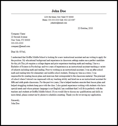 Cover letter sample for educational assistant. Professional Instructional Assistant Cover Letter Sample ...