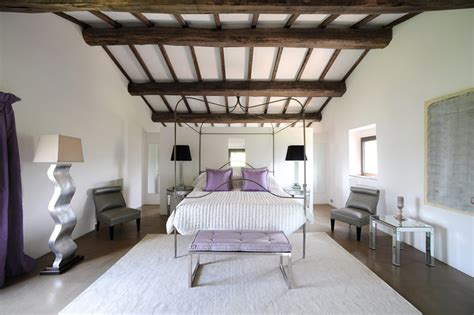 White Lilac Bedroom Wooden Ceiling Beams Interior Design