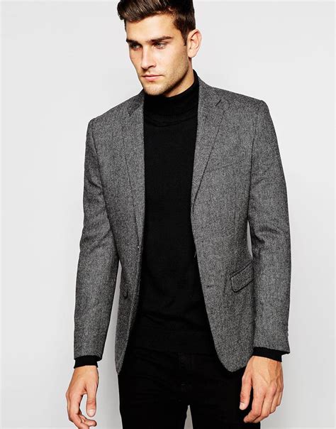 Selected Wool Herringbone Blazer In Slim Fit In Grey Gray For Men Lyst