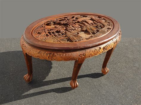 Vintage Oriental Asian Highly Carved Rustic Oval Coffee Table W Men In