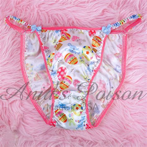 Lace Duchess Classic 80’s Cut Easter Pink And Blue Eggs Bunny Print Spring Satin Panties