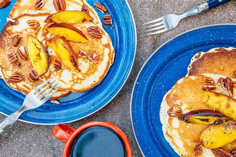 Pancakes With Campfire Grilled Peaches And Pecans Fresh Off The Grid