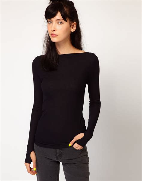 lyst cheap monday long sleeve top with slash neck and thumb holes in black