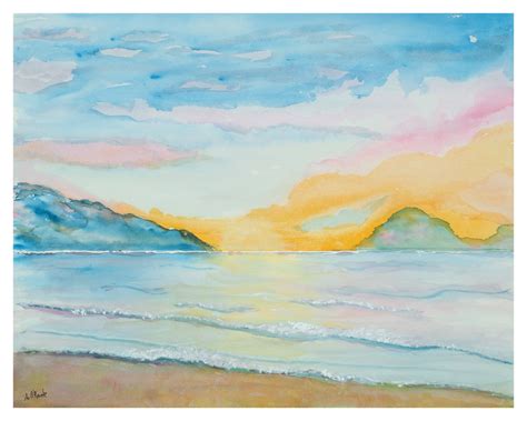Watercolor Prints Ocean Sunset 8x10 Matted In A Blue 11 X 14 Mat Or