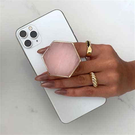 Rose Quartz Crystal Phone Grip Phone Pop Socket With Gold Etsy