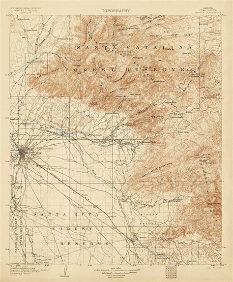 Antique Map Of Tucson Arizona Usgs Topographic Map 1905 Drawing By