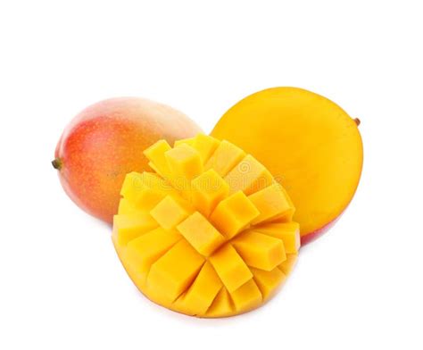Whole And Cut Ripe Mangoes Isolated On White Exotic Fruit Stock Image