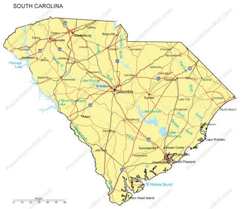 South Carolina Map Major Cities Roads Railroads Waterways