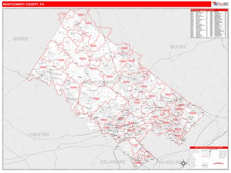 Montgomery County Pa Zip Code Wall Map Red Line Style By