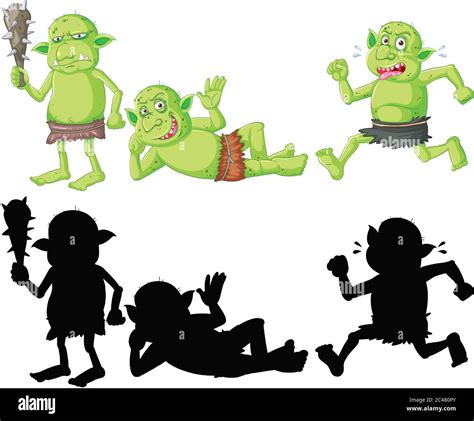 Set Of Goblin Or Troll In Color And Silhouette In Cartoon Character On