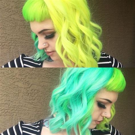 She had black hair, green eyes and a large forehead. Neon green half dyed hair color | Hair color crazy, Two ...