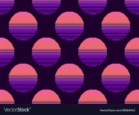 Pixel Art 80s Sunset Seamless Pattern 8 Bit Sun Vector Image