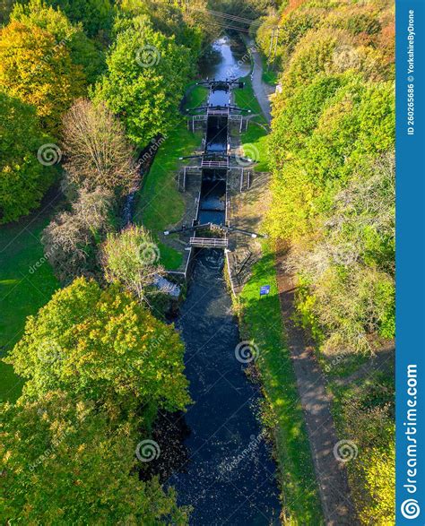 Aerial View Of Newlay Locks On The Leeds And Liverpool Canal On An