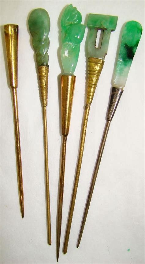 China 5 Five Fine Brass Jade Hair Pins Yes Chinese Jadeite Pins