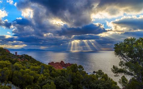 Nature Landscape Sky Clouds Sun Rays Trees Shrubs Sea Rock
