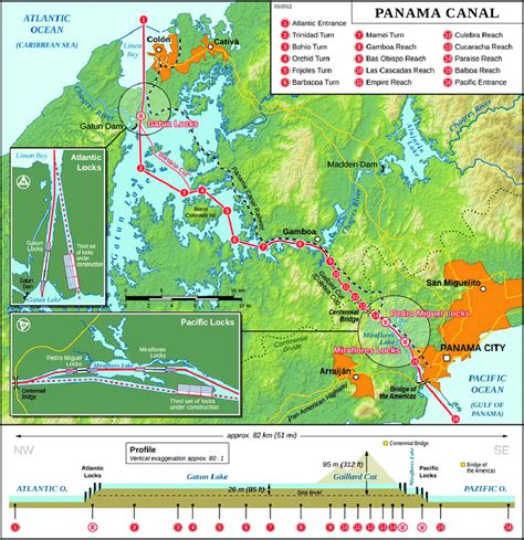 General map of the Panama Canal and its enlargement. Below