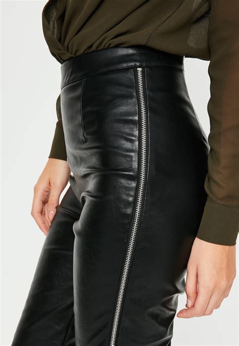 Missguided Tall Exclusive Black Faux Leather Side Zip Trousers In Black