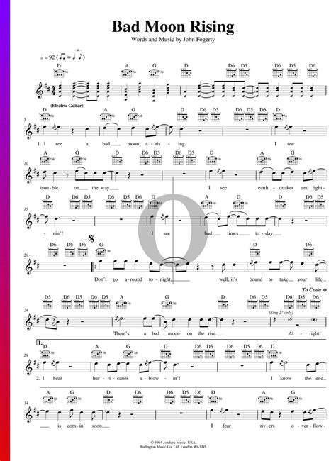Bad Moon Rising Spartito Pianoforte Chitarra Voce Download Pdf E
