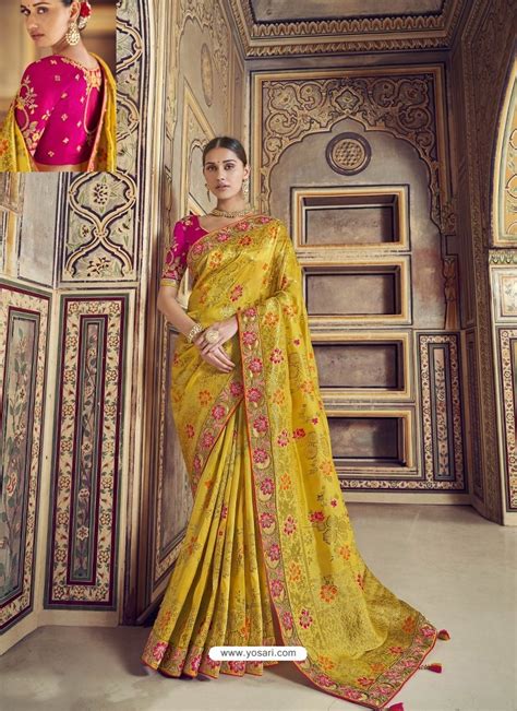 Buy Yellow Wedding Designer Embroidered Satin Silk Sari Wedding Sarees