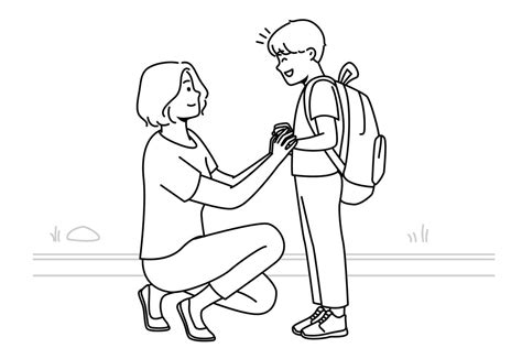 Smiling Mother Seeing Small Teen Son With Backpack To School Happy