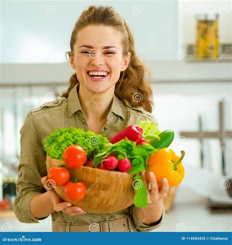 Housewife Holding Plate Full Of Vegetables In Modern Stock Image Image Of Glad Cook 114583435