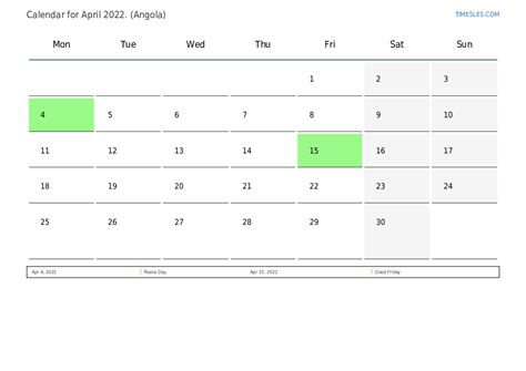 April 2022 Calendar With Holidays In Angola Print And Download Calendar