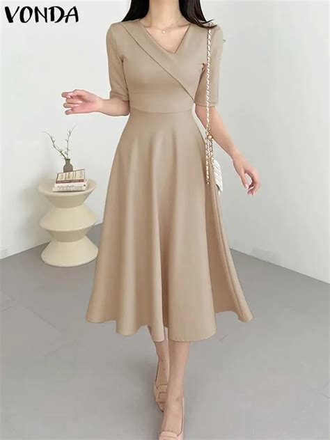 vonda elegant summer midi dress 2023 fashion women sexy short sleeve solid color loose robe