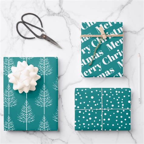 Christmas Trees Polka Dots Holiday Teal Blue Wrapping Paper Sheets