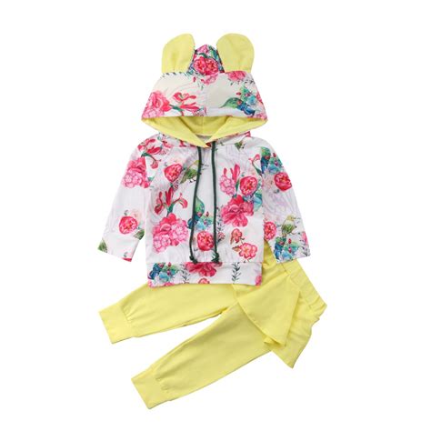 Fashion Floral Newborn Baby Girls Infant Clothes Hooded Tops Pants