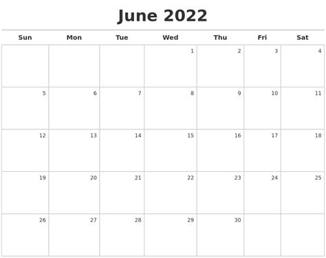June 2022 Calendar Maker